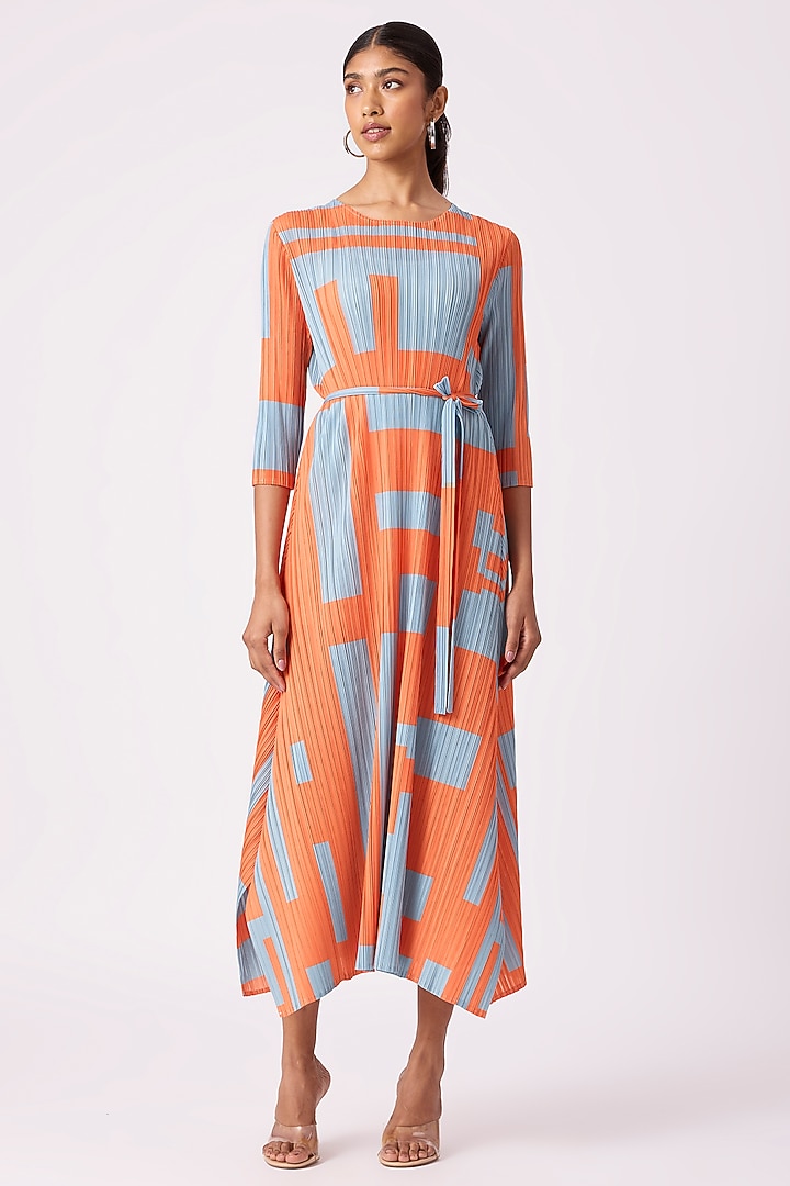 Blue & Orange Polyester Abstract Printed A-Line Summer Dress by Scarlet Sage at Pernia's Pop Up Shop