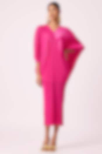 Hot Pink Luxe Pleated Fabric & Polyester Midi Dress by Scarlet Sage