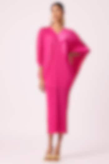 Hot Pink Luxe Pleated Fabric & Polyester Midi Summer Dress by Scarlet Sage at Pernia's Pop Up Shop