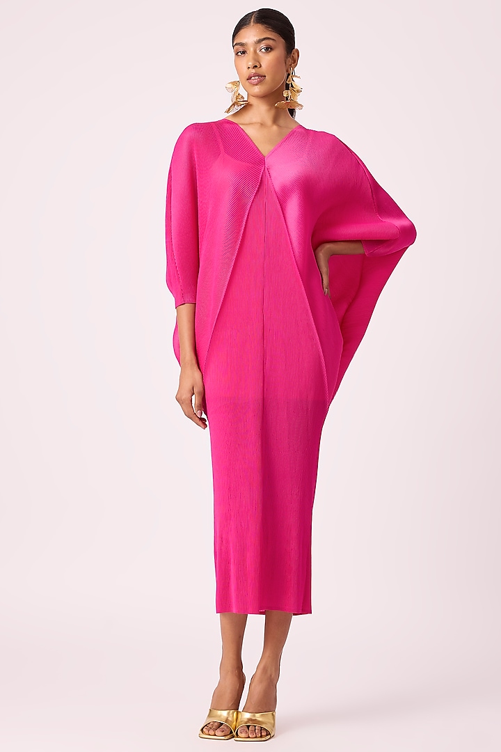 Hot Pink Luxe Pleated Fabric & Polyester Midi Dress by Scarlet Sage