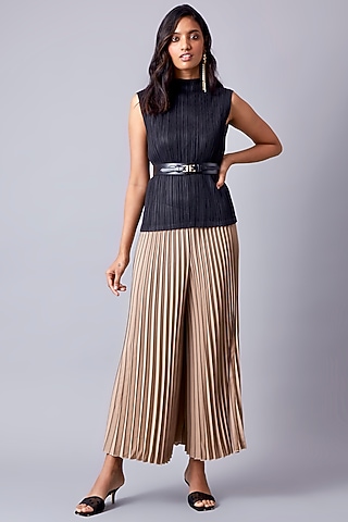 Beige Pleated Palazzo Pants by Scarlet Sage