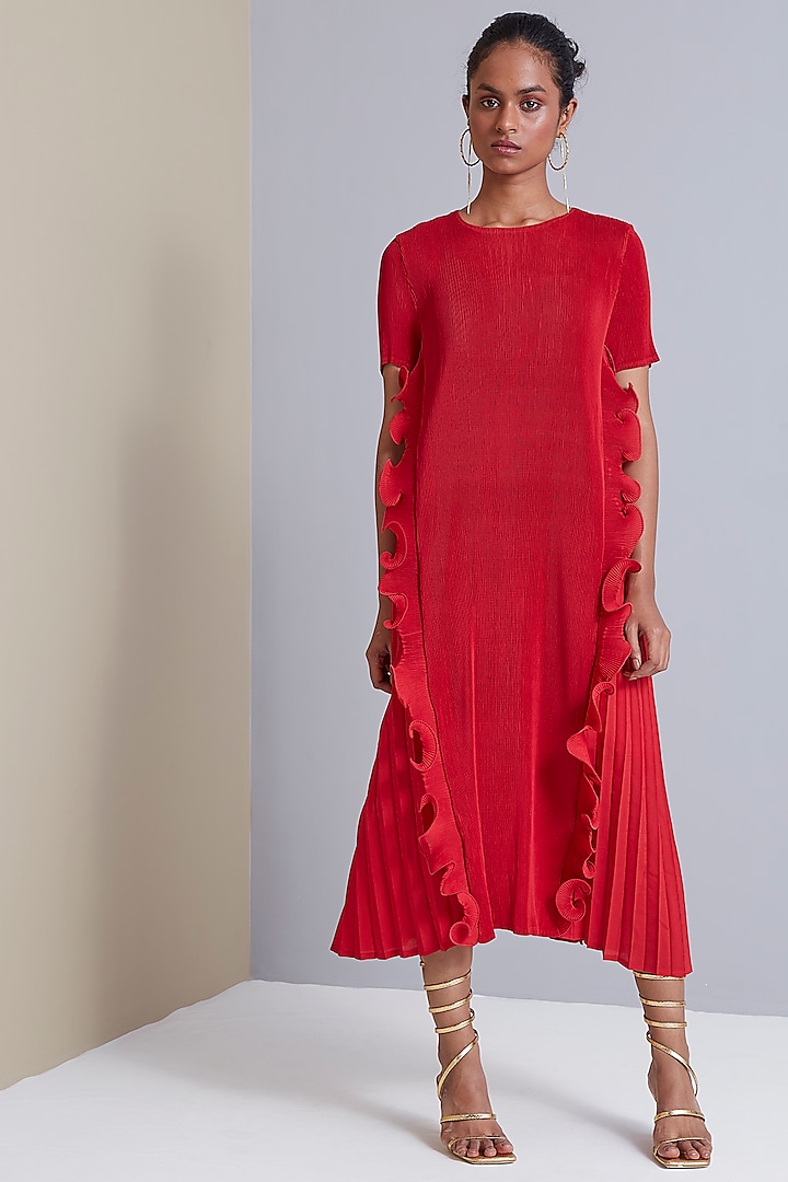 Red Polyester Midi Dress by Scarlet Sage
