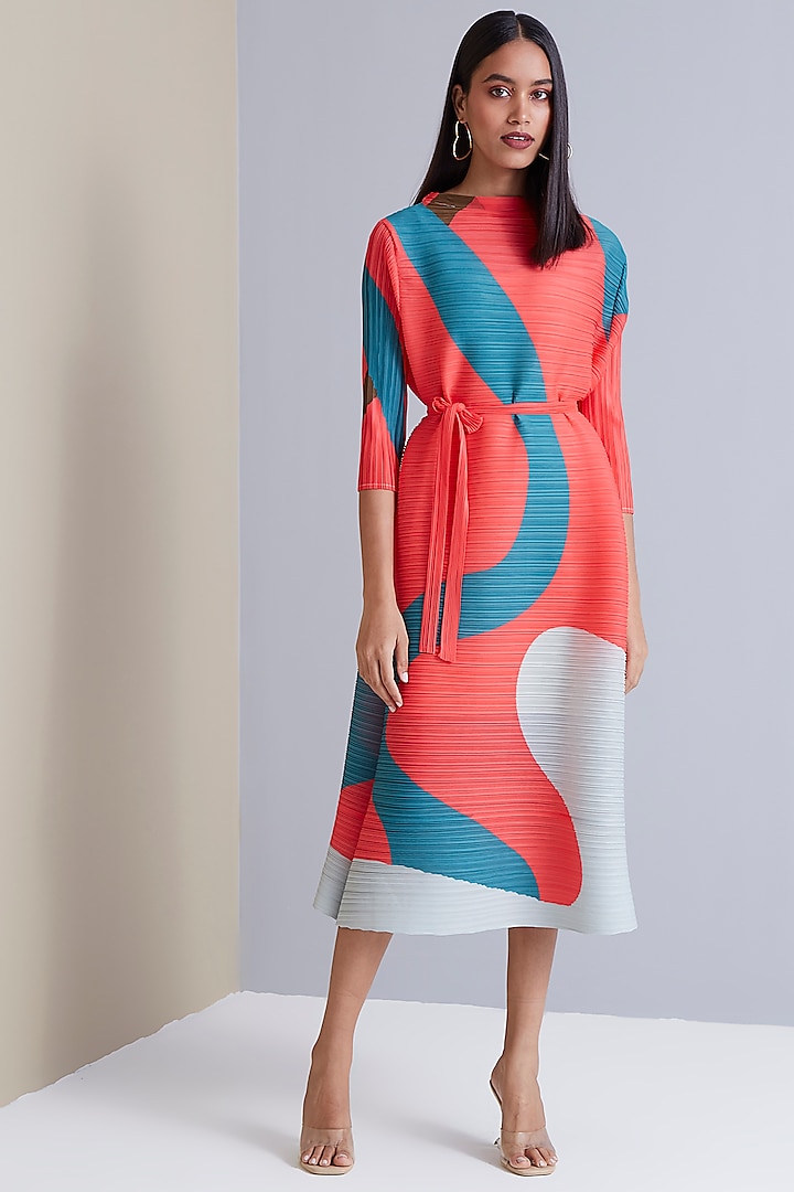 Coral Polyester Printed Dress With Belt by Scarlet Sage