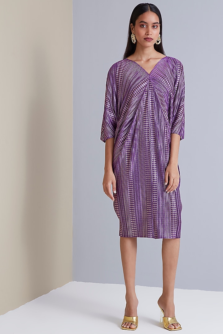 Metallic Purple Pleated Fabric Knee-Length Summer Dress by Scarlet Sage at Pernia's Pop Up Shop
