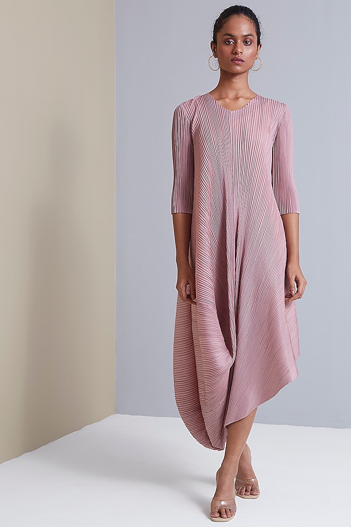 Ash Pink Polyester Draped Cowl Dress by Scarlet Sage