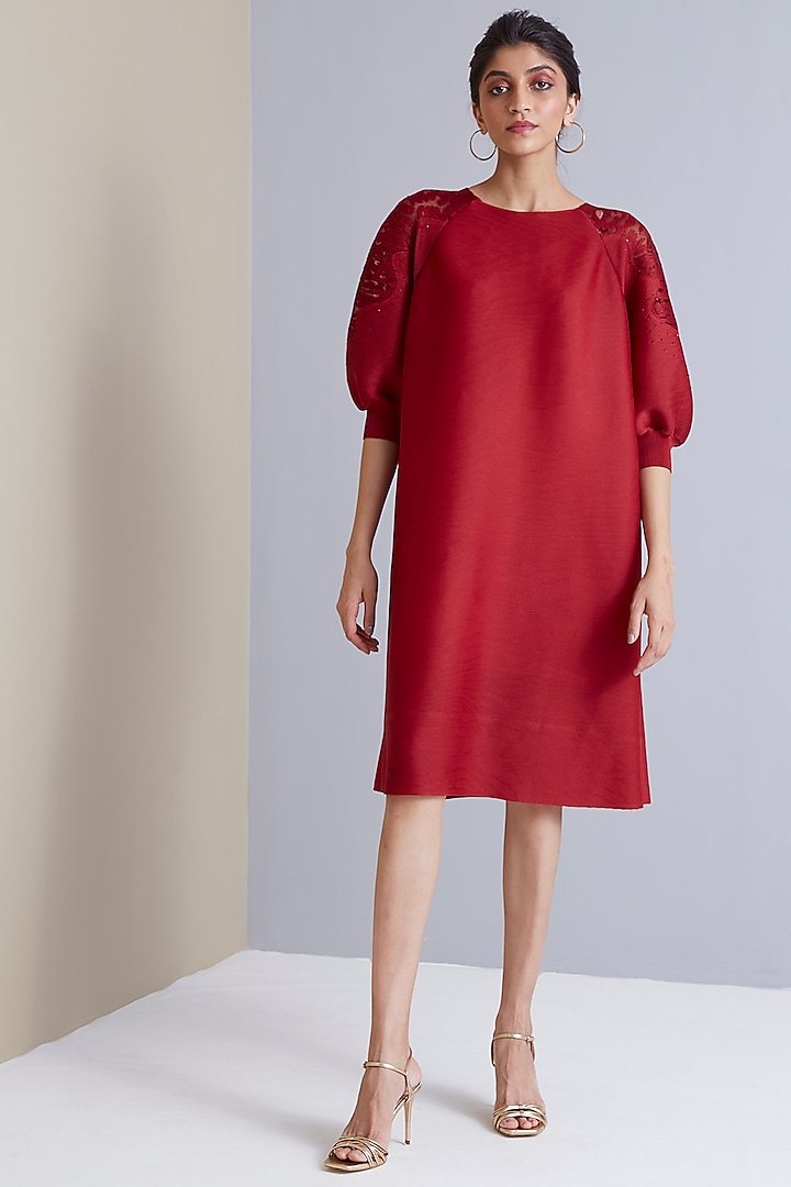 Red Polyester Shift Dress by Scarlet Sage