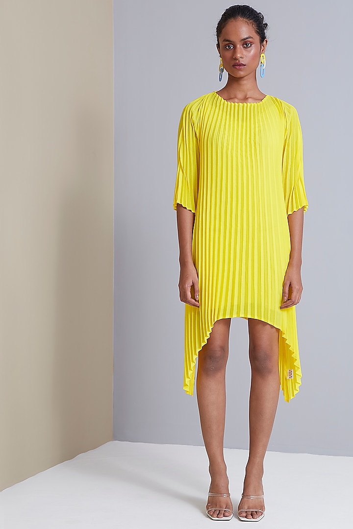 Canary Yellow Polyester Pleated Tunic by Scarlet Sage