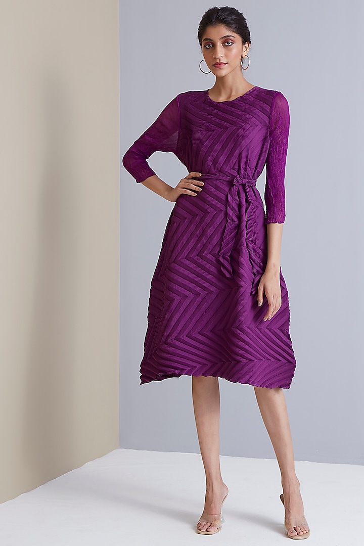 Purple Polyester A-Line Draped Dress by Scarlet Sage