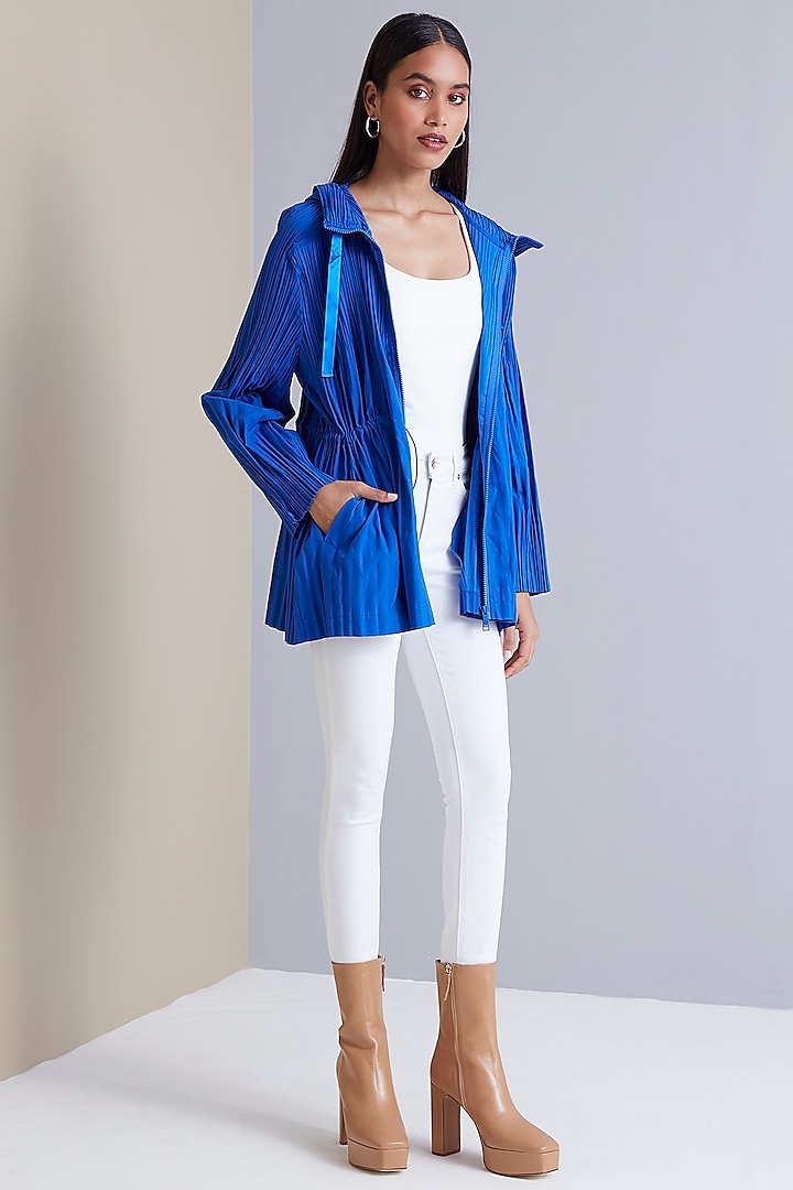 Royal Blue Polyester Hoodie Jacket by Scarlet Sage