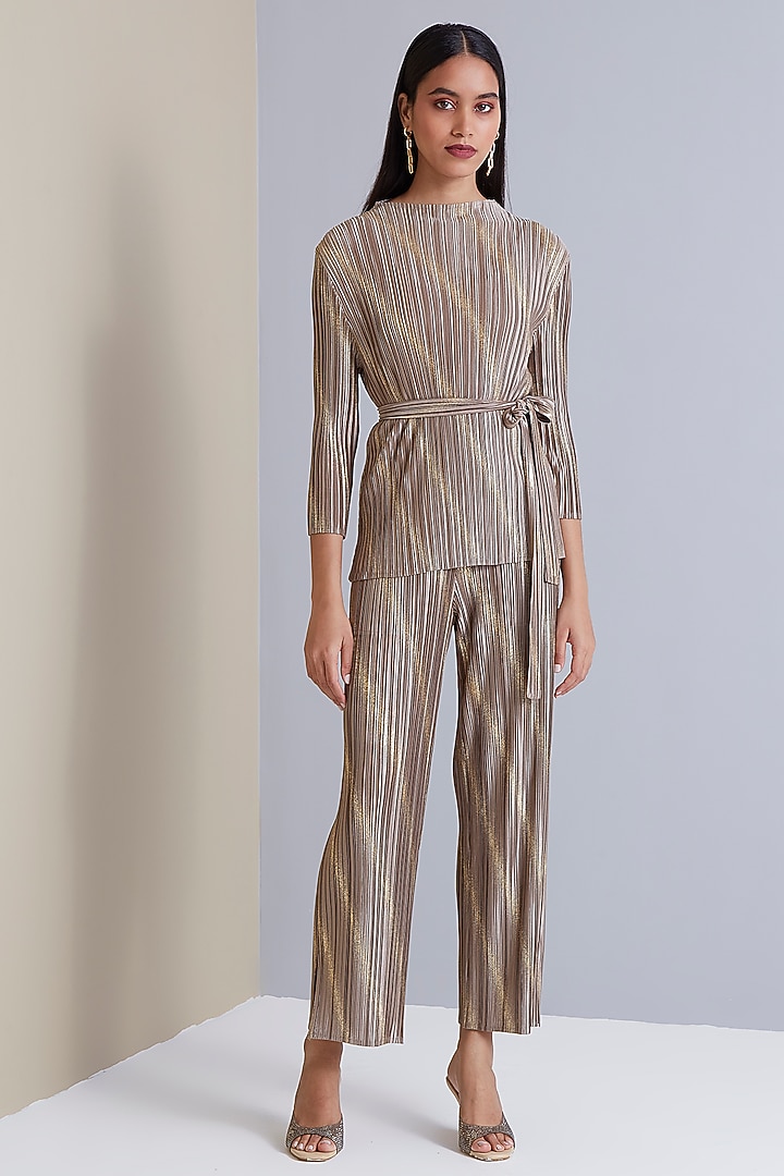 Pale Grey Gold Pleated Satin Co-Ord Set by Scarlet Sage at Pernia's Pop Up Shop