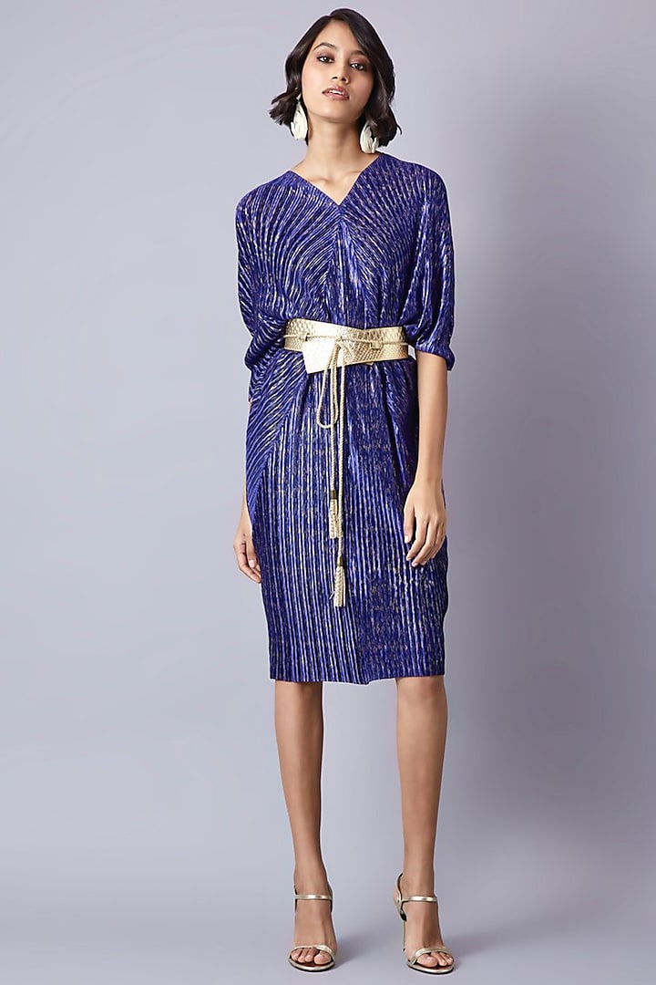 Blue & Gold Pleated Midi Dress by Scarlet Sage at Pernia's Pop Up Shop