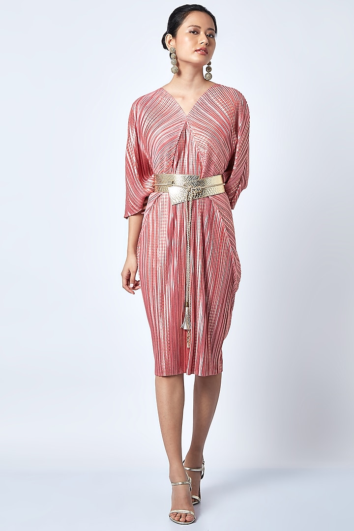 Salmon Pink & Gold Pleated Midi Dress by Scarlet Sage at Pernia's Pop Up Shop