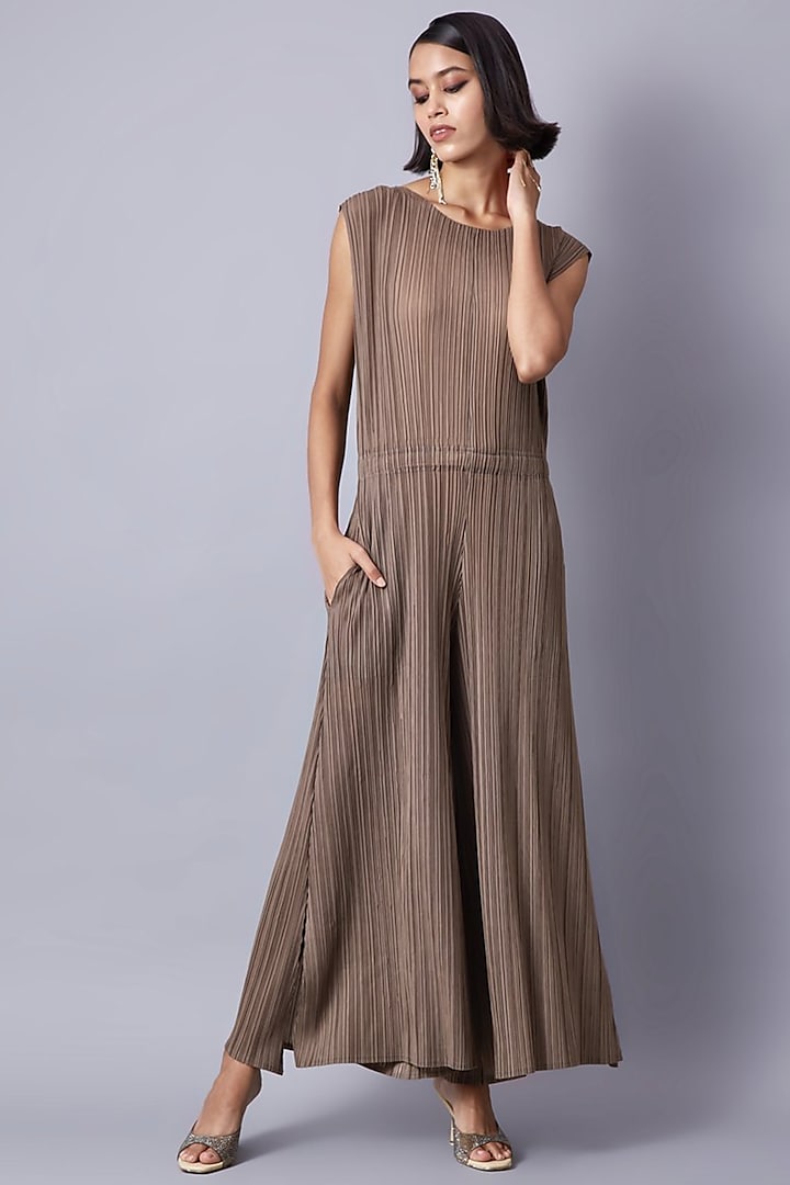 Taupe Pure Polyester Jumpsuit by Scarlet Sage