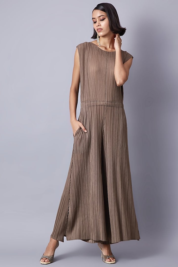 Taupe Pure Polyester Jumpsuit by Scarlet Sage at Pernia's Pop Up Shop