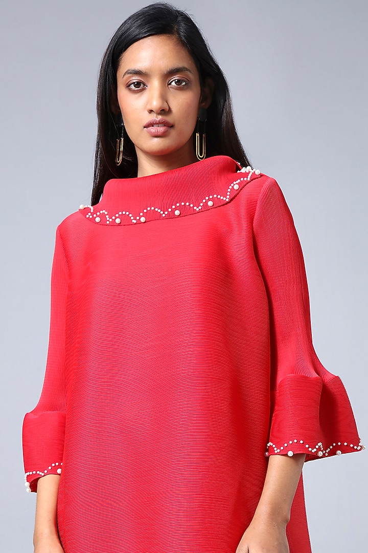 knee length dresses for ladies Tadashi Shoji Women's Leona V-pleat Gown - Red
