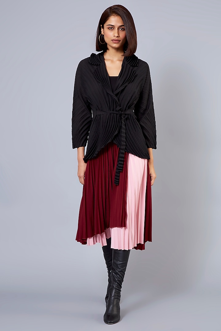 Burgundy & Pink Pleated Layered Skirt by Scarlet Sage