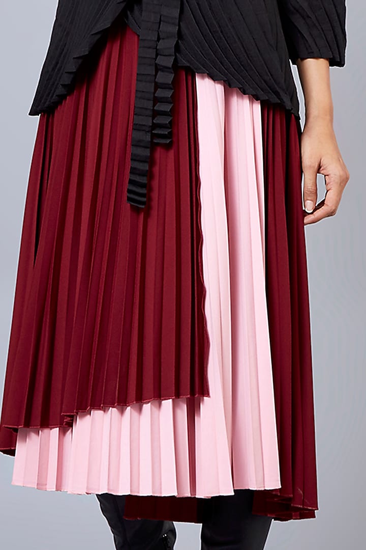 Burgundy & Pink Pleated Layered Skirt by Scarlet Sage at Pernia's Pop Up Shop