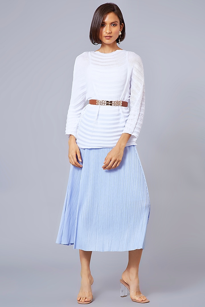 Light Blue Pleated Polyester Flared Skirt by Scarlet Sage