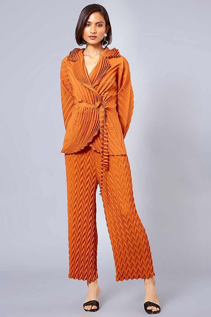 Orange Pleated Straight-Leg Pants by Scarlet Sage at Pernia's Pop Up Shop