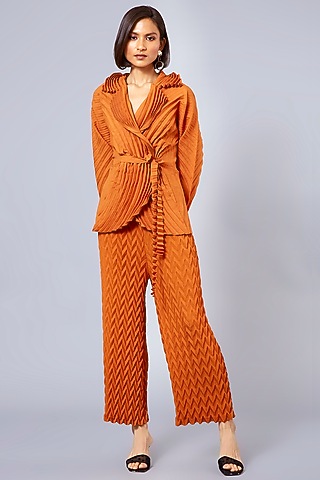 Orange Pleated Straight-Leg Pants by Scarlet Sage