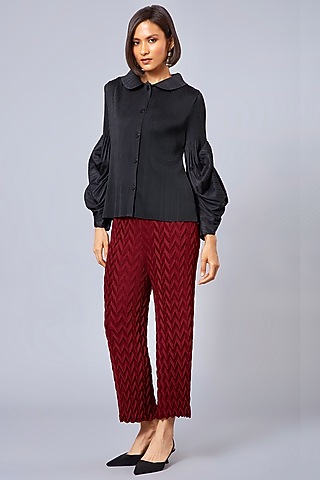 Maroon Pleated Straight-Leg Pants by Scarlet Sage