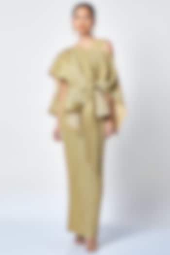 Dull Gold Pleated Cocktail Gown With Cape by Scarlet Sage