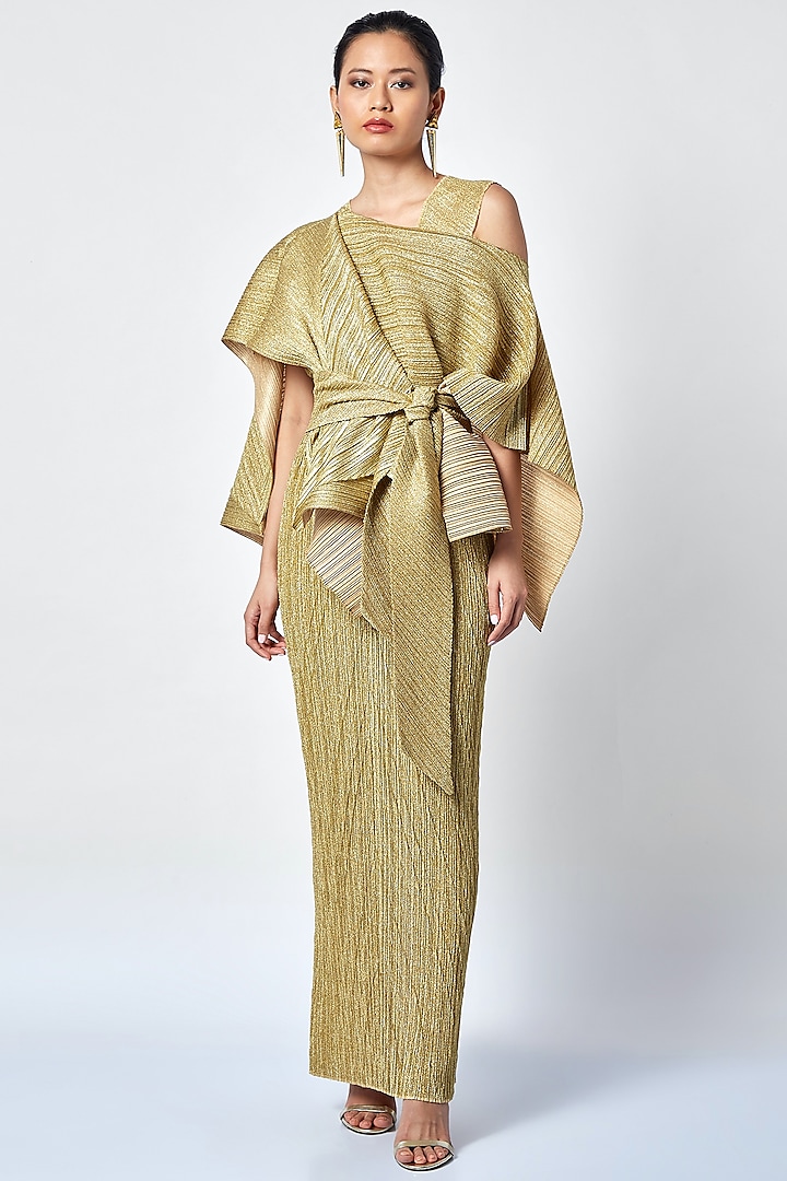 Dull Gold Pleated Cocktail Gown With Cape by Scarlet Sage