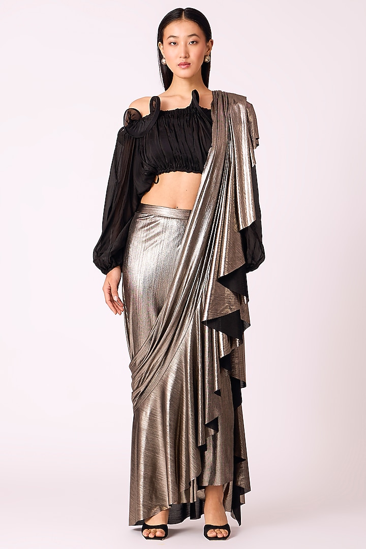 Dark Silver Polyester Pre-Draped Saree by Scarlet Sage at Pernia's Pop Up Shop