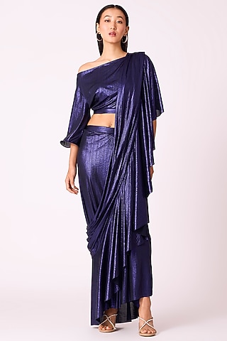 Metallic Blue Polyester Pre-Draped Saree by Scarlet Sage
