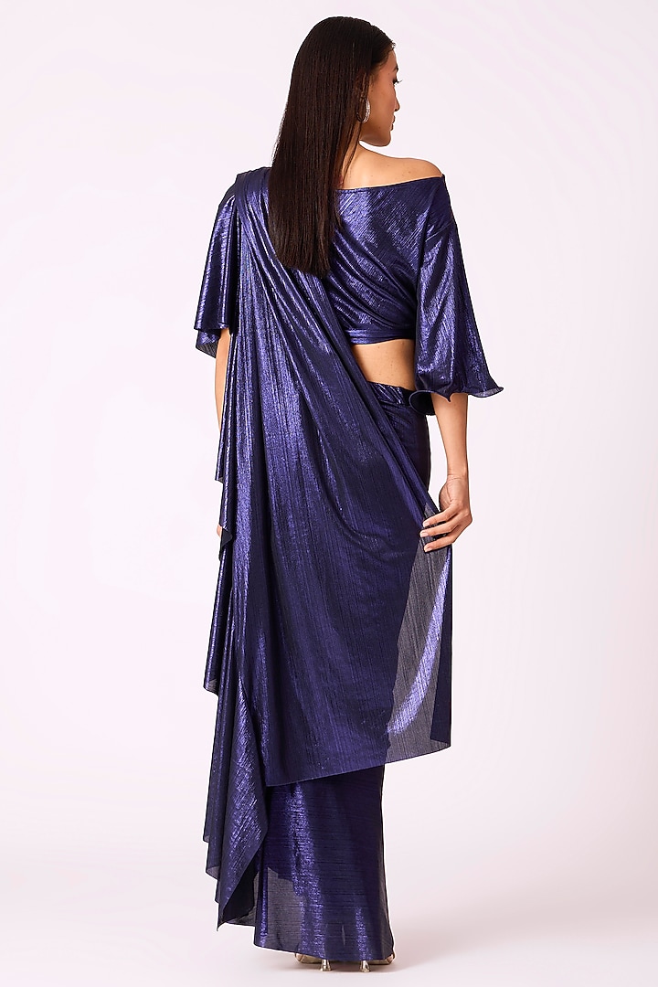 Metallic Blue Polyester Pre-Draped Party Wear Saree by Scarlet Sage at Pernia's Pop Up Shop