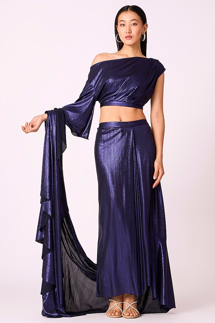 Metallic Blue Polyester Pre-Draped Party Wear Saree by Scarlet Sage at Pernia's Pop Up Shop