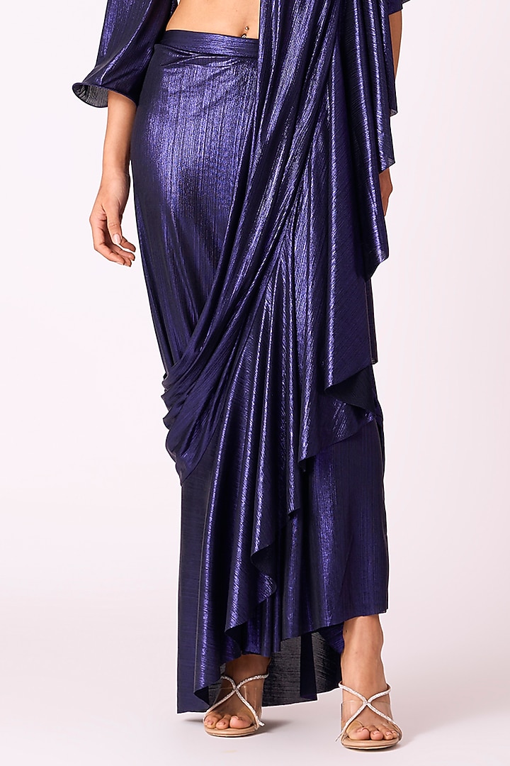 Metallic Blue Polyester Pre-Draped Party Wear Saree by Scarlet Sage at Pernia's Pop Up Shop