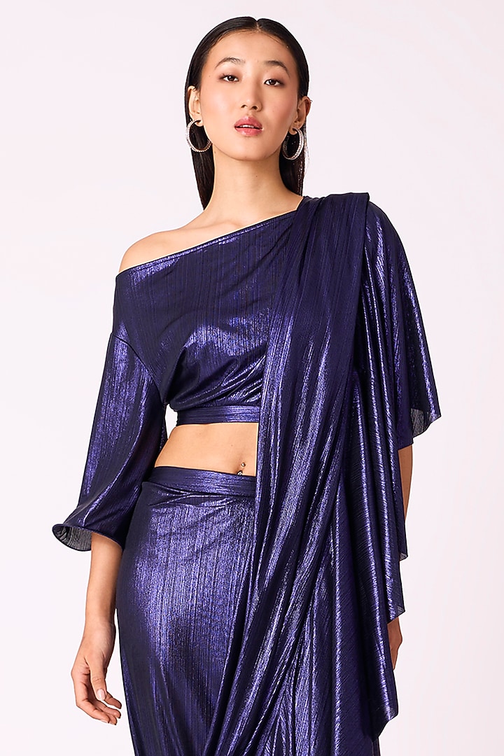 Metallic Blue Polyester Pre-Draped Party Wear Saree by Scarlet Sage at Pernia's Pop Up Shop