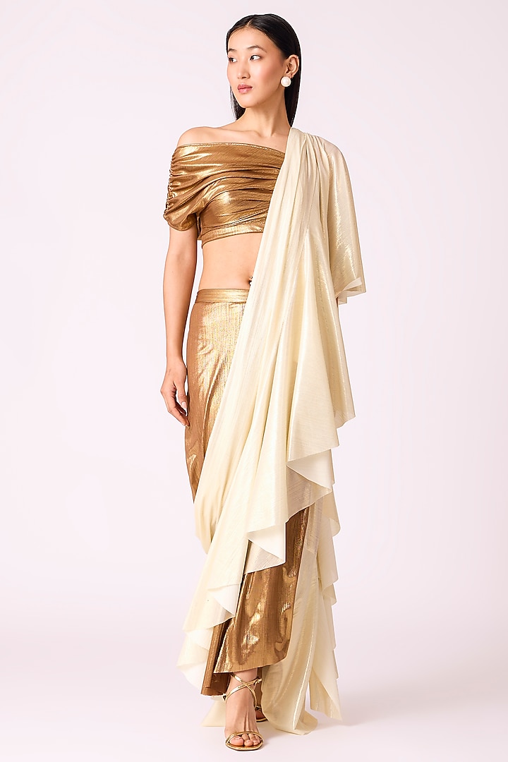 Light Gold Polyester Pre-Draped Saree by Scarlet Sage at Pernia's Pop Up Shop