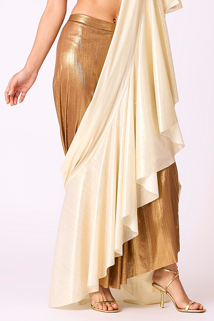 Light Gold Polyester Pre-Draped Party Wear Saree by Scarlet Sage at Pernia's Pop Up Shop
