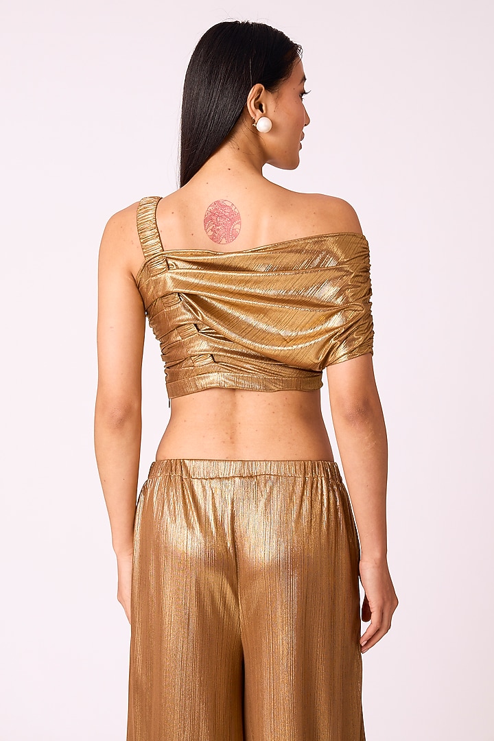 Gold Polyester One-Shoulder Ruched Crop Top by Scarlet Sage at Pernia's Pop Up Shop