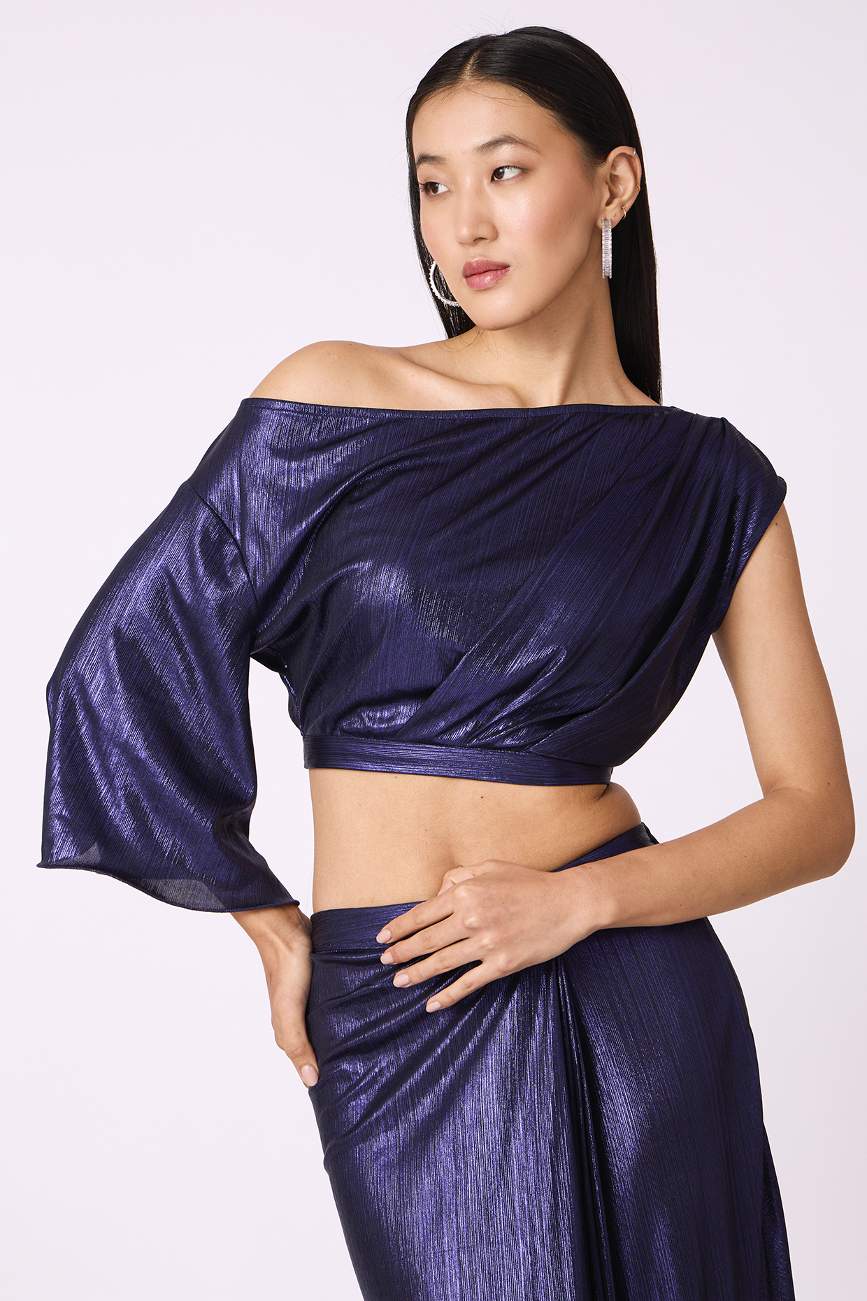 Metallic Blue Polyester One-Shoulder Crop Top by Scarlet Sage