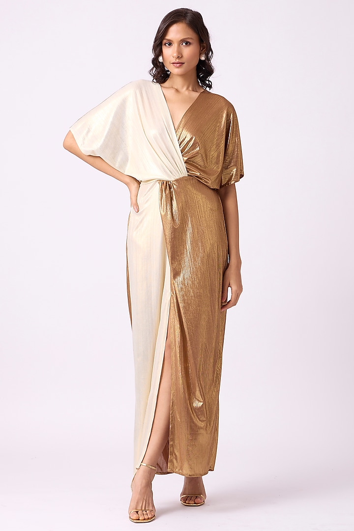 Light Gold & Gold Polyester Maxi Dress by Scarlet Sage
