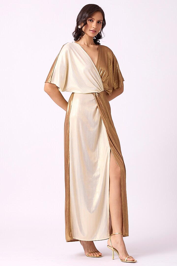 Light Gold & Gold Polyester Maxi Summer Dress by Scarlet Sage at Pernia's Pop Up Shop