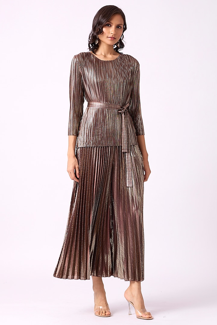 Brown Gold Polyester Pleated Co-Ord Set by Scarlet Sage