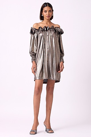 Dark Silver Polyester Off-Shoulder Mini Dress by Scarlet Sage