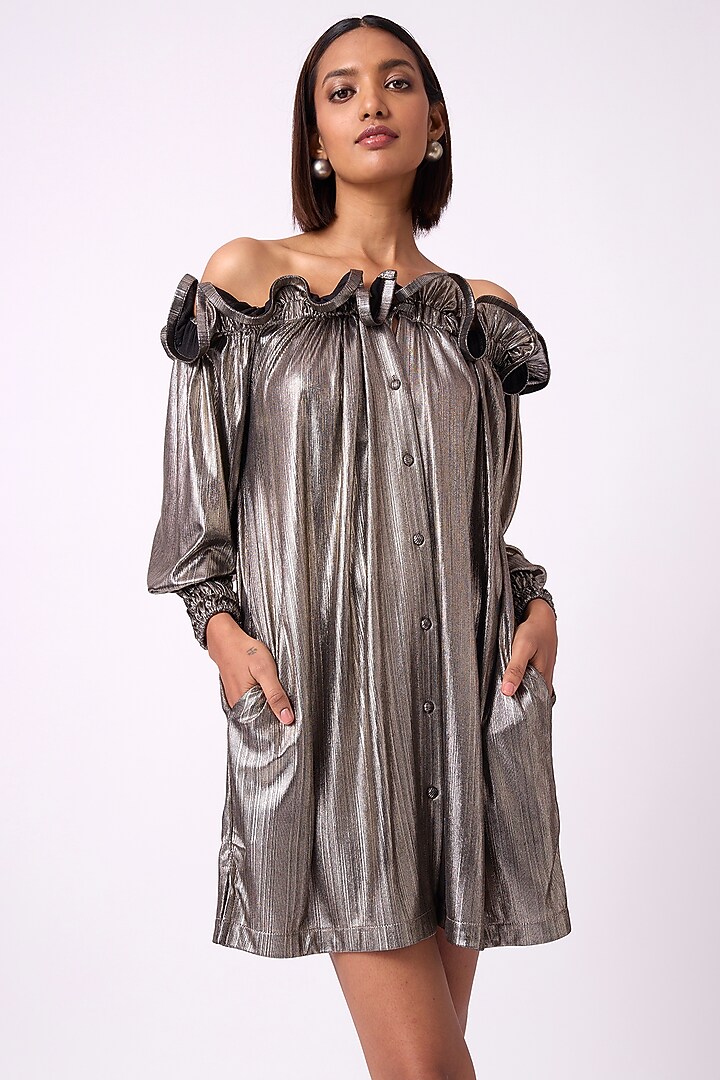 Dark Silver Polyester Off-Shoulder Mini Summer Dress by Scarlet Sage at Pernia's Pop Up Shop