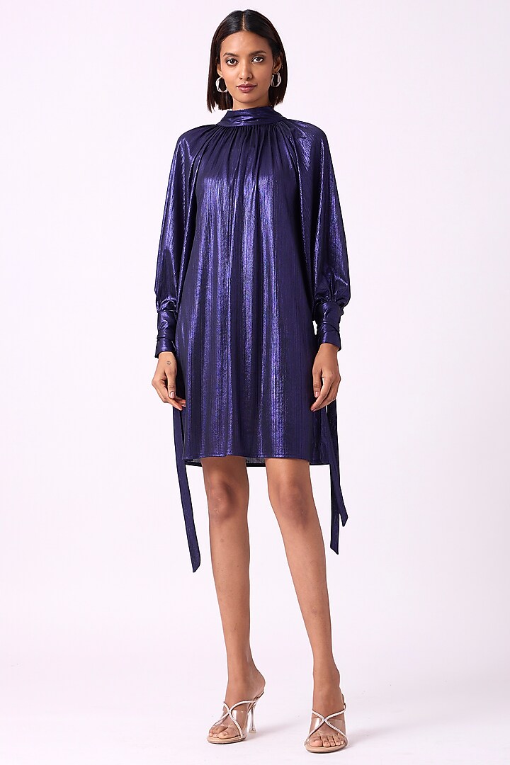 Metallic Blue Polyester Mini Dress by Scarlet Sage