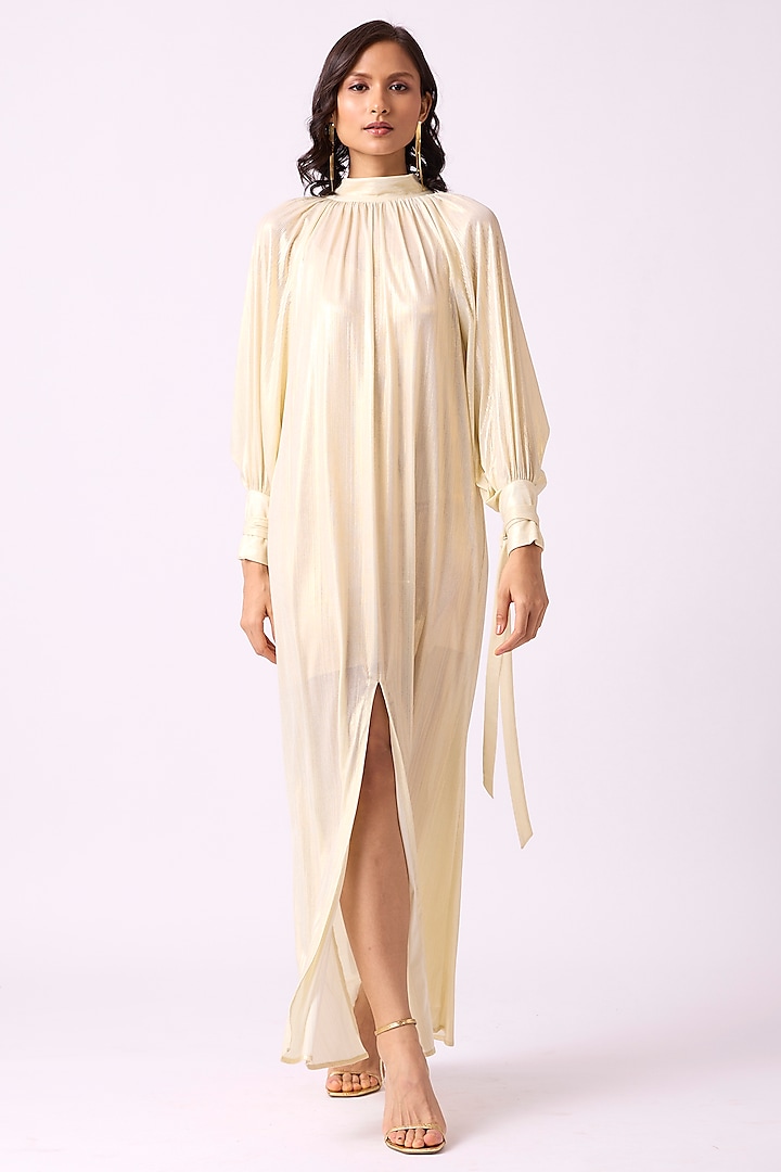 Light Gold Polyester Maxi Slit Dress by Scarlet Sage