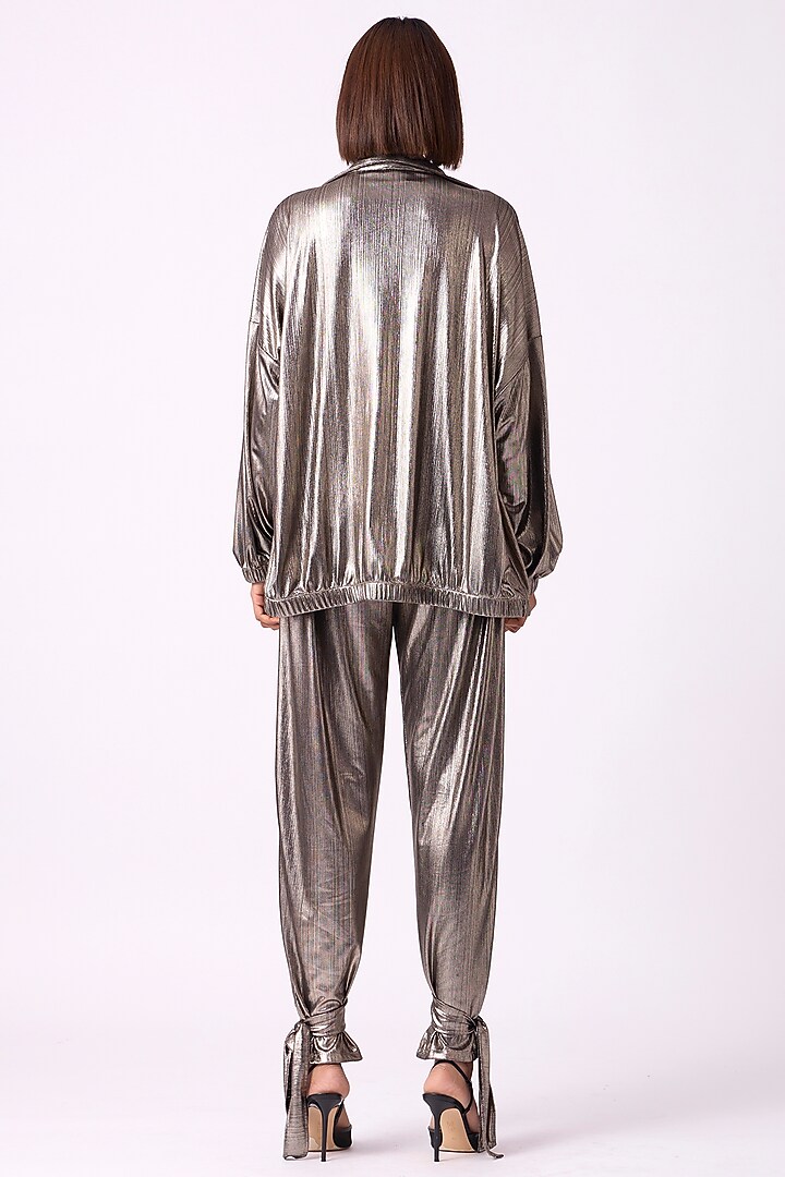 Dark Silver Polyester Bomber Jacket by Scarlet Sage at Pernia's Pop Up Shop