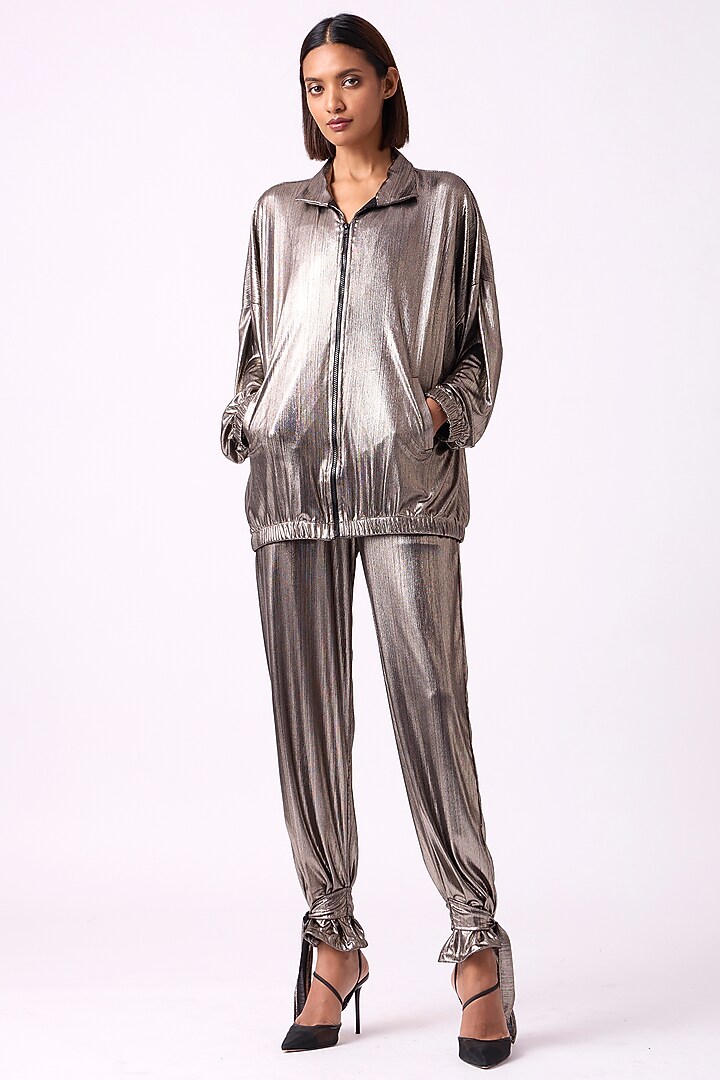 Dark Silver Polyester Bomber Jacket by Scarlet Sage at Pernia's Pop Up Shop