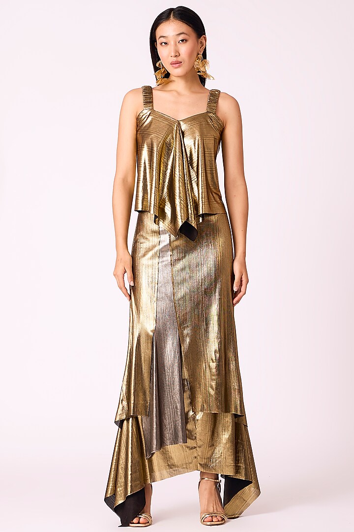 Dark Gold & Silver Polyester Asymmetric Skirt by Scarlet Sage