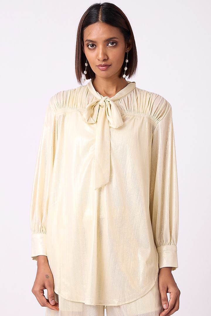 Light Gold Polyester Ruched Top by Scarlet Sage