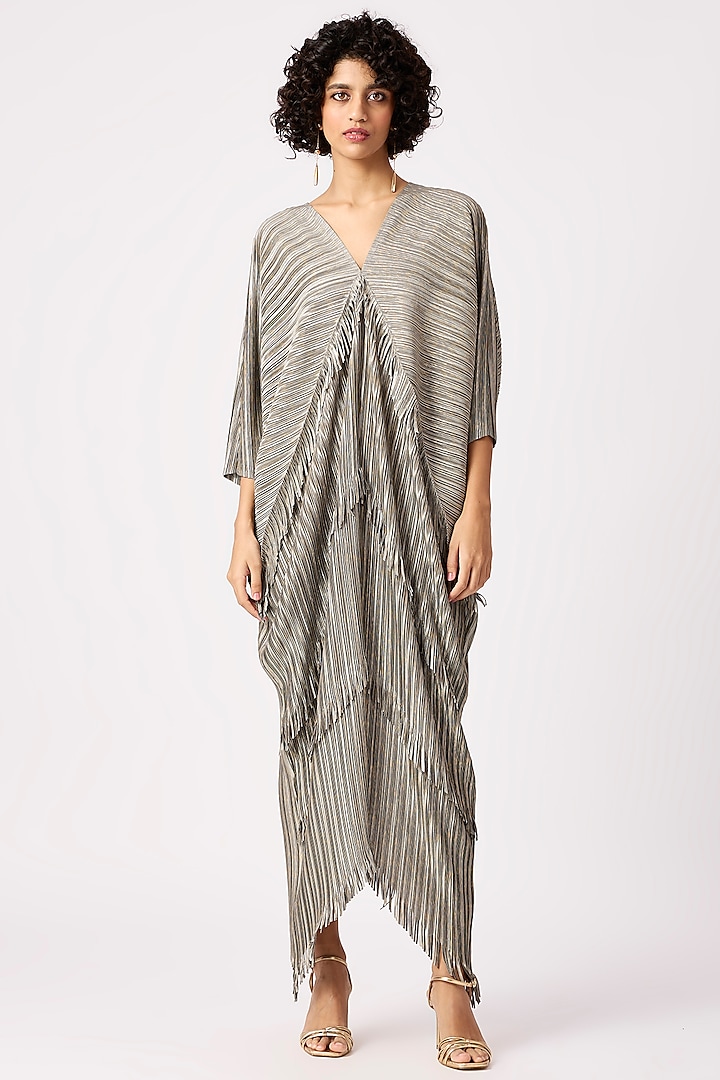 Metallic Grey & Gold Polyester Fringed Maxi Dress by Scarlet Sage