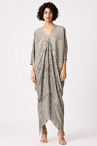Metallic Grey & Gold Polyester Fringed Maxi Dress by Scarlet Sage